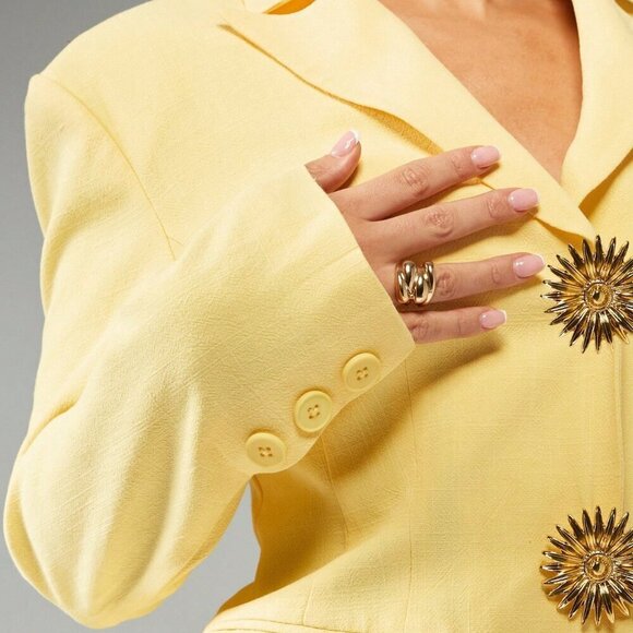 Yellow Elegant Women's Button Detail Structured Linen Blazer Dress - Picture 6 of 6